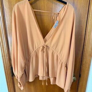 Flowy V-Neck Peasant Blouse in Peach
